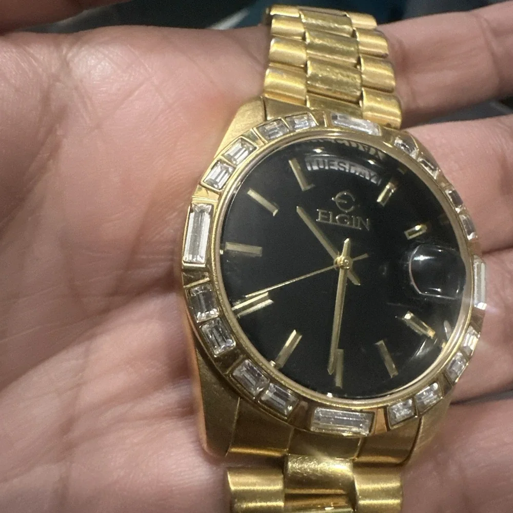 Elgin FG147 Calendar Gold Tone Unisex Watch Quartz 36mm Day Date New Battery